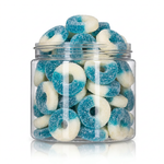 Gummy Blue Raspberry Rings candy package featuring a vibrant display of blue raspberry ring-shaped sour sugar sanded chewy fruit sweets and confections from a 100% peanut and tree nut-free facility.
