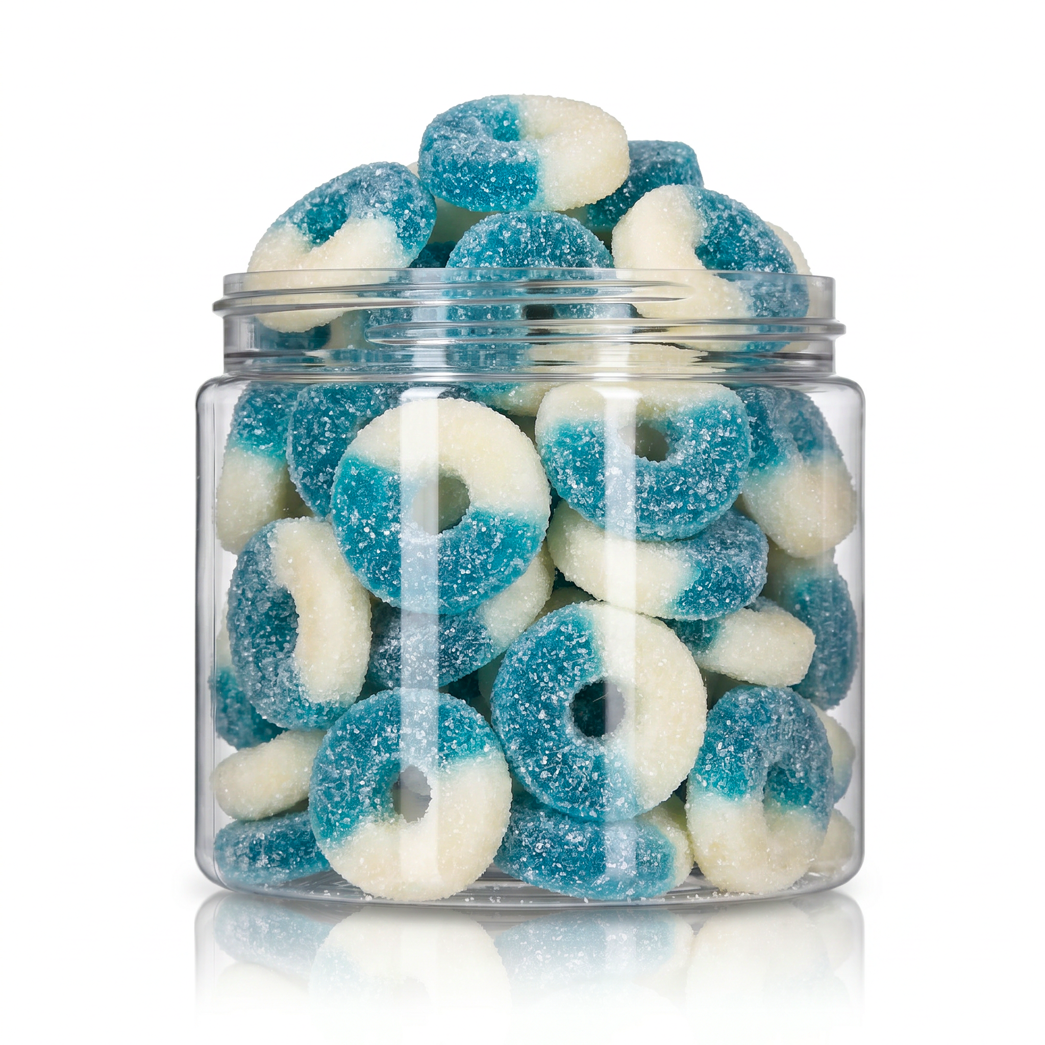 Gummy Blue Raspberry Rings candy package featuring a vibrant display of blue raspberry ring-shaped sour sugar sanded chewy fruit sweets and confections from a 100% peanut and tree nut-free facility.