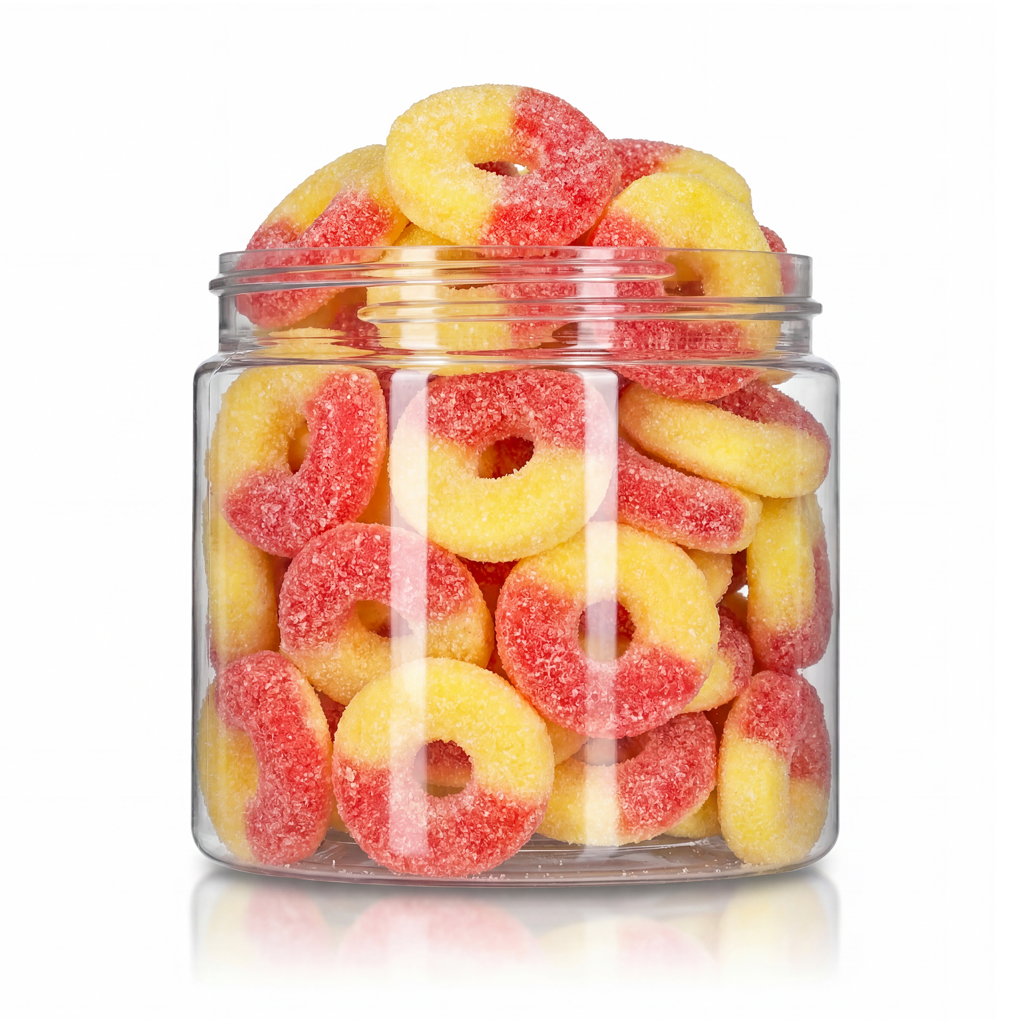 Gummy Peach Rings candy package featuring a vibrant display of peach ring-shaped sour sugar sanded chewy fruit sweets and confections from a 100% peanut and tree nut-free facility.