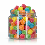 Sour Poppers candy package featuring a vibrant display of bite-sized sour sugar sanded chewy fruit sweets and confections from a 100% peanut and tree nut-free facility.