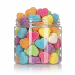 Rainbow Hearts candy package featuring a vibrant rainbow assortment of heart shaped chewy sweets and confections from a 100% peanut and tree nut free facility.