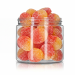 Sugared Peach Slices featuring vibrant orange and yellow sugar-dusted peach candy pieces from a 100% peanut and tree nut free facility.
