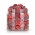 Sugared Cherry Slices candy package featuring a vibrant red assortment of sugar sanded slice shaped chewy cherry sweets and confections from a 100% peanut and tree nut free facility.