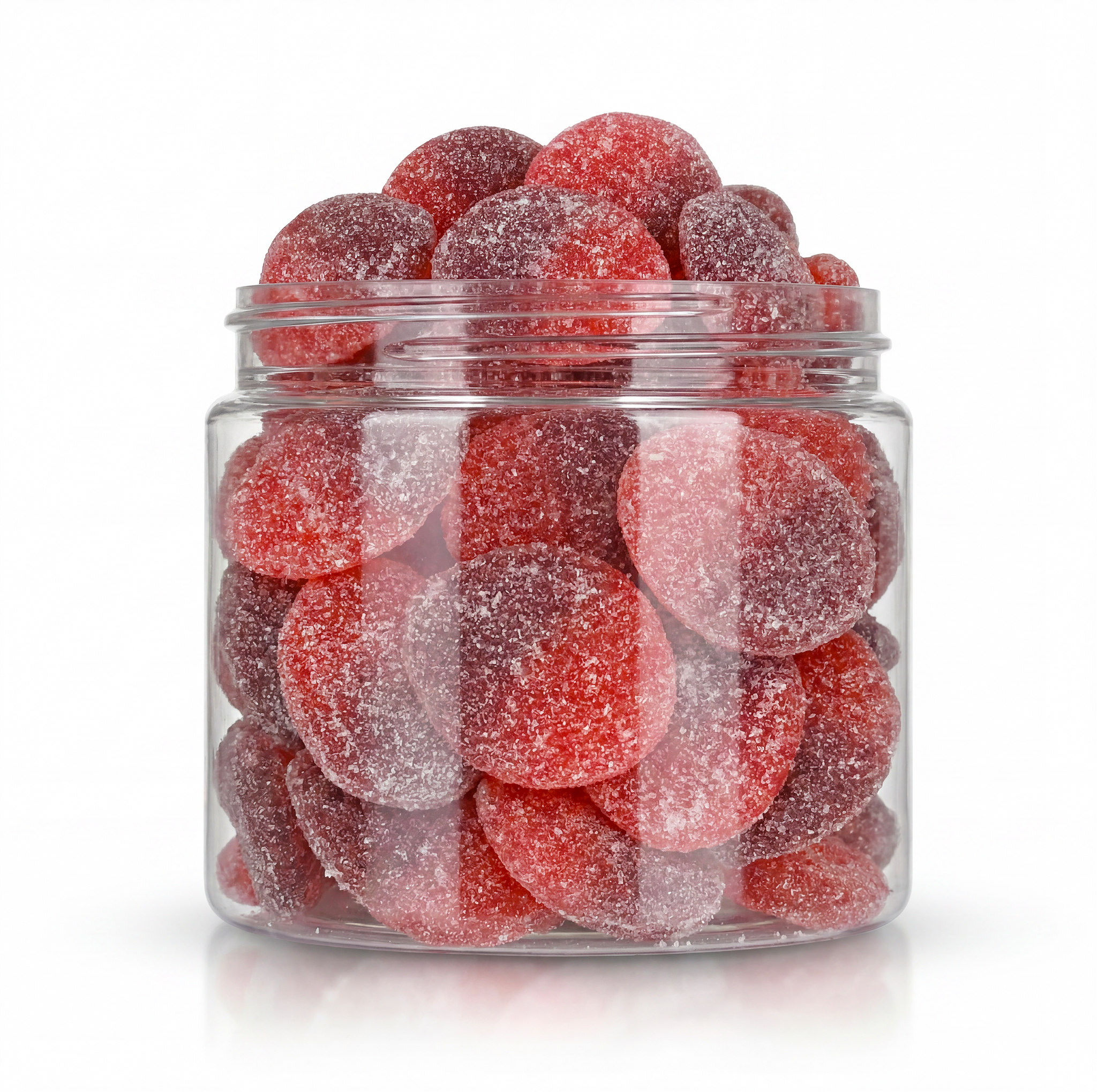 Sugared Cherry Slices candy package featuring a vibrant red assortment of sugar sanded slice shaped chewy cherry sweets and confections from a 100% peanut and tree nut free facility.