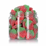 Sugared Strawberries candy package featuring a vibrant display of red strawberry-shaped sour sugar sanded chewy fruit sweets from a 100% peanut and tree nut free facility.