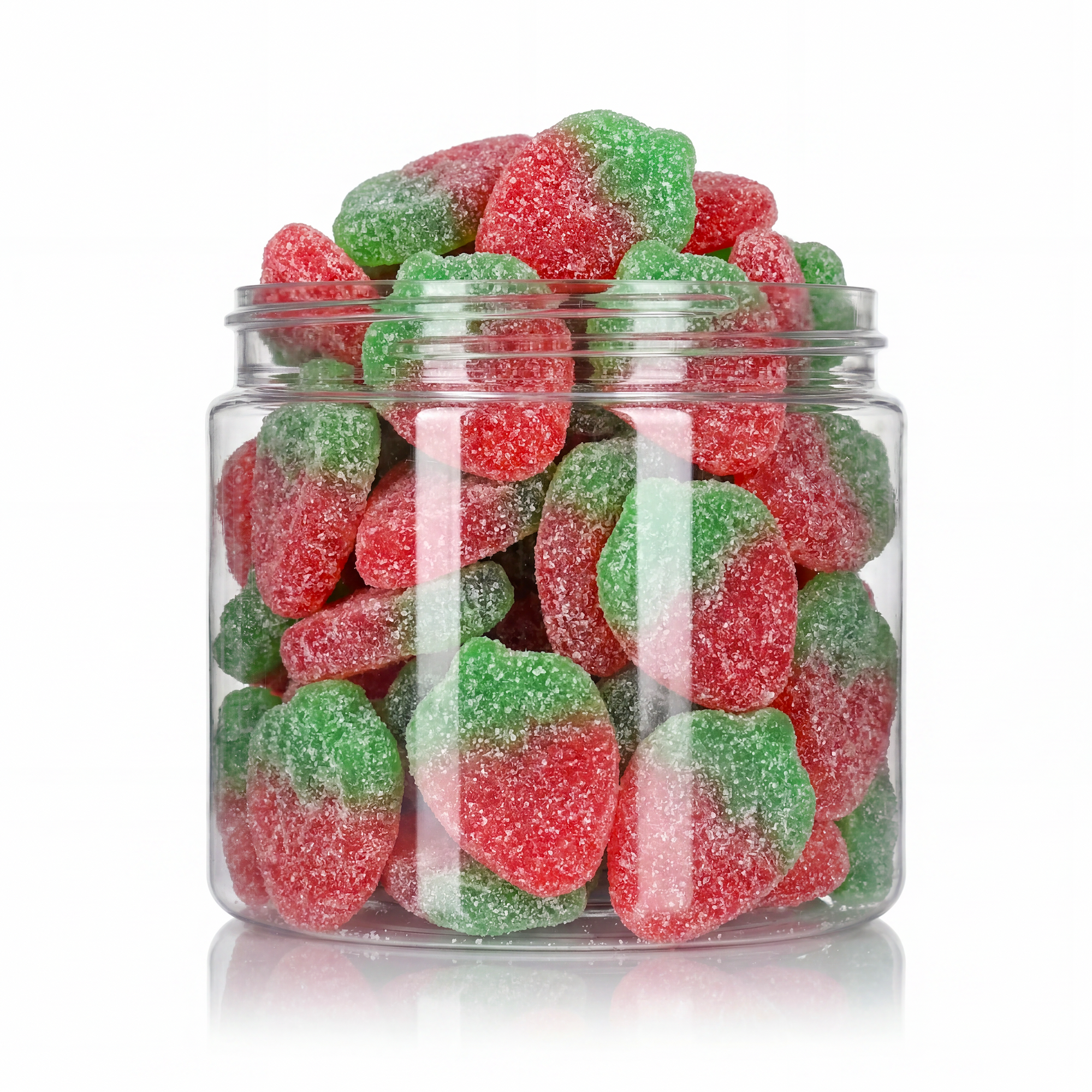 Sugared Strawberries candy package featuring a vibrant display of red strawberry-shaped sour sugar sanded chewy fruit sweets from a 100% peanut and tree nut free facility.