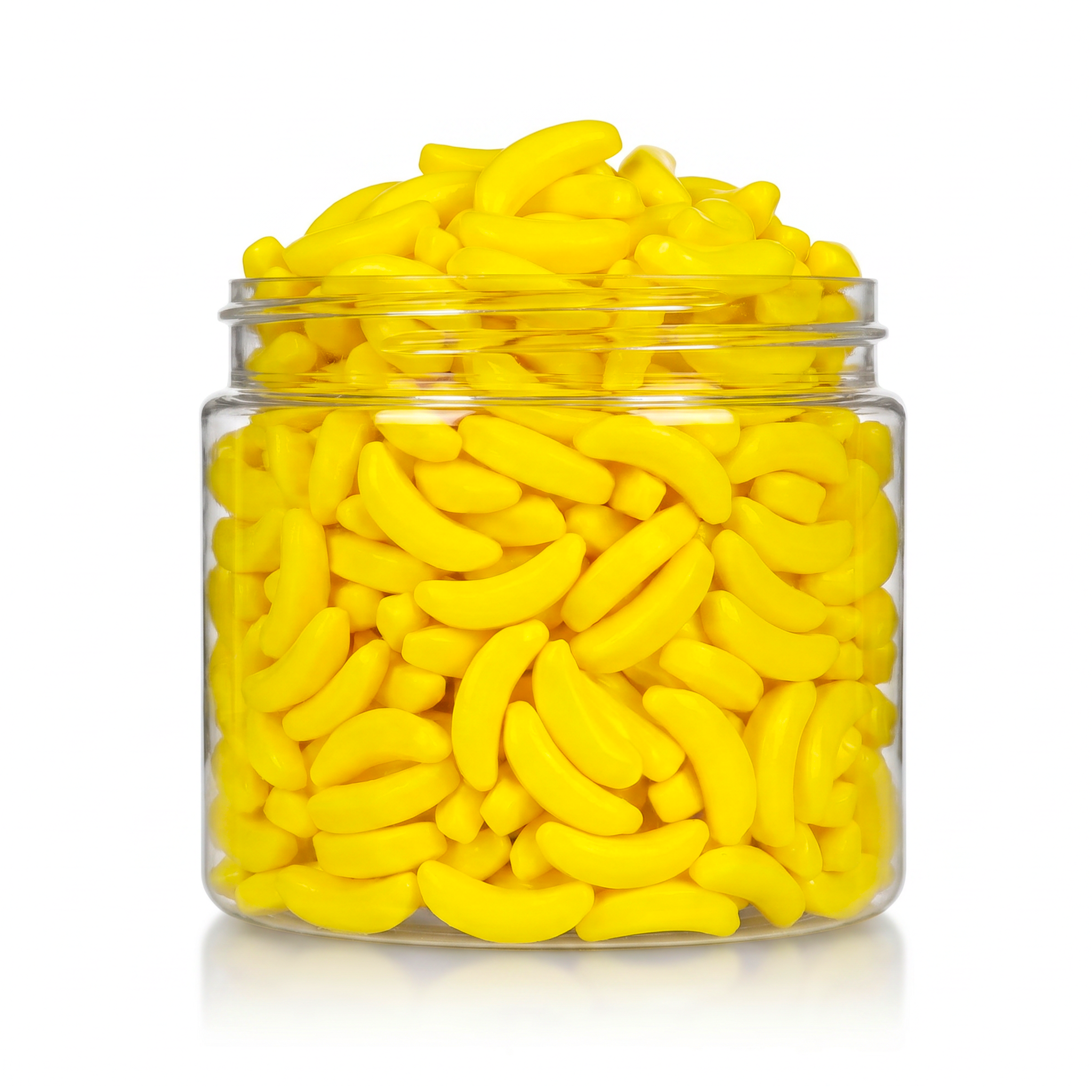 Crunchy Candy Bananas package featuring a vibrant yellow assortment of banana shaped compressed sugar sweets and confections from a 100% peanut and tree nut free facility.
