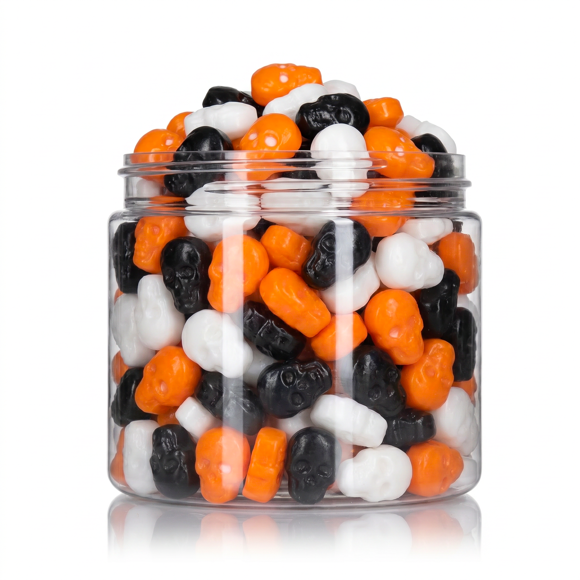 Crunchy Candy Halloween Skulls package featuring a spooky assortment of skull shaped compressed sugar sweets and confections from a 100% peanut and tree nut free facility.