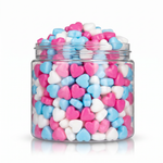 Crunchy Candy Hearts package featuring a colourful pastel assortment of heart shaped compressed sugar sweets and confections from a 100% peanut and tree nut free facility.