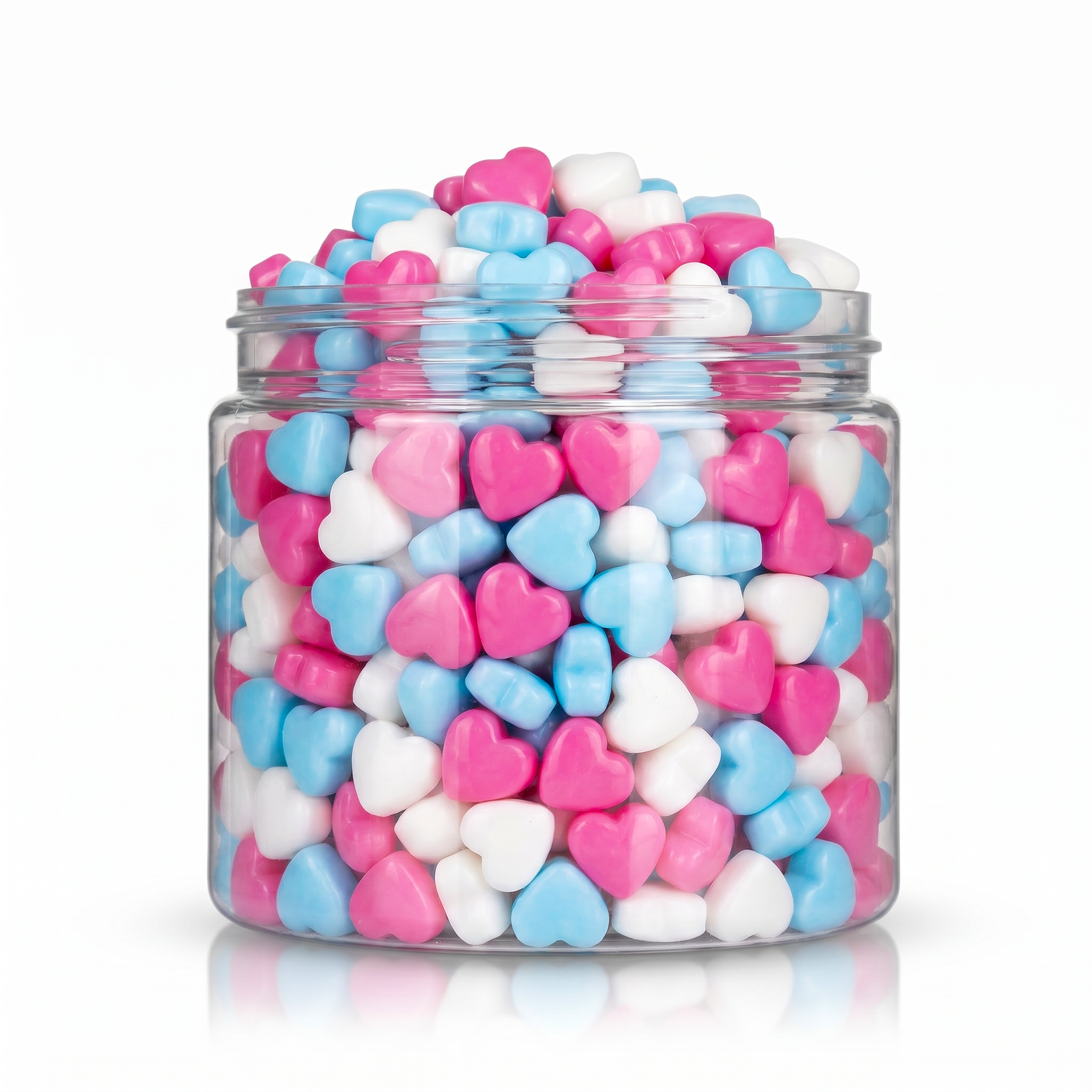 Crunchy Candy Hearts package featuring a colourful pastel assortment of heart shaped compressed sugar sweets and confections from a 100% peanut and tree nut free facility.