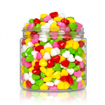 Crunchy Candy Rainbow Hearts package featuring a vibrant multi-coloured assortment of heart shaped compressed sugar sweets and confections from a 100% peanut and tree nut free facility.