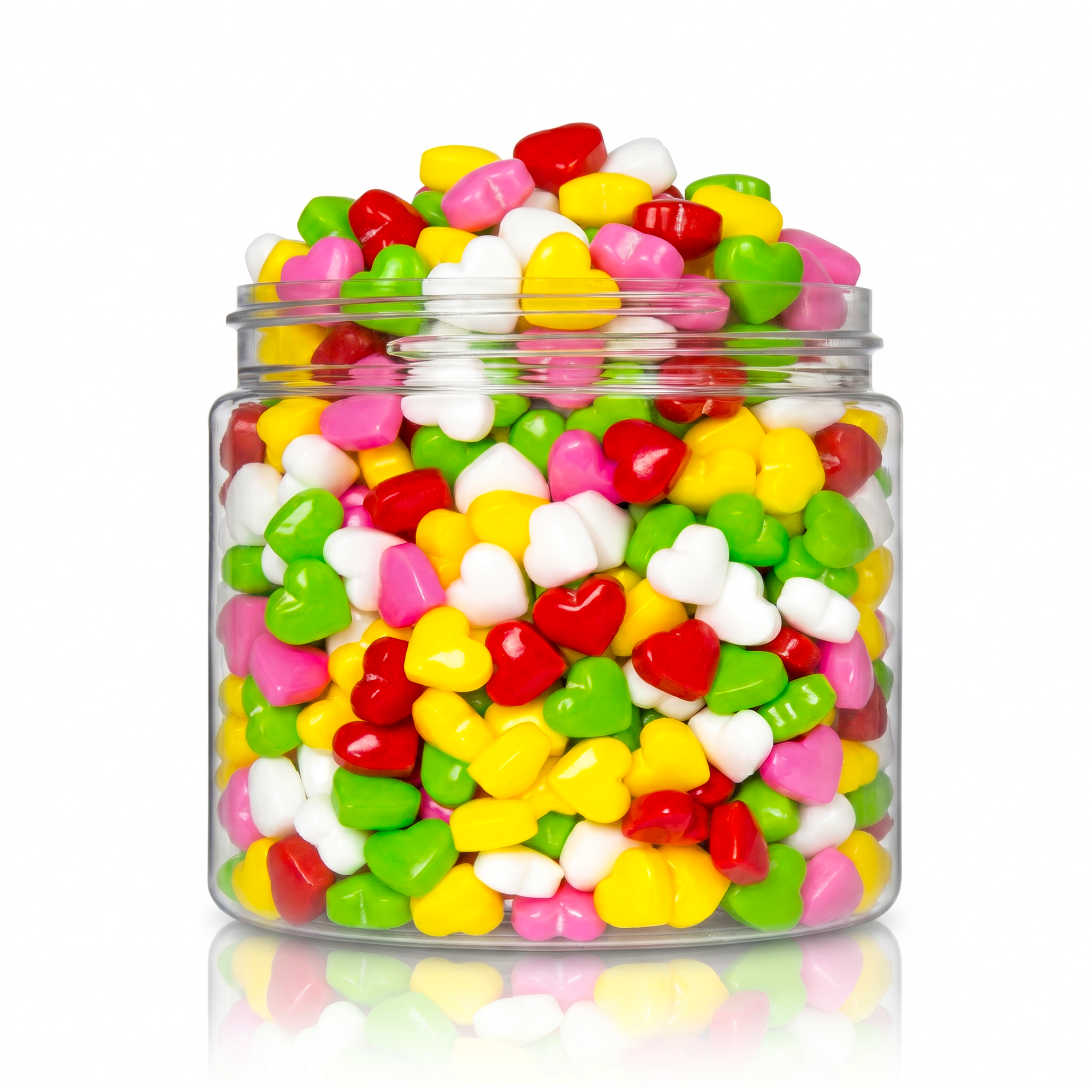 Crunchy Candy Rainbow Hearts package featuring a vibrant multi-coloured assortment of heart shaped compressed sugar sweets and confections from a 100% peanut and tree nut free facility.