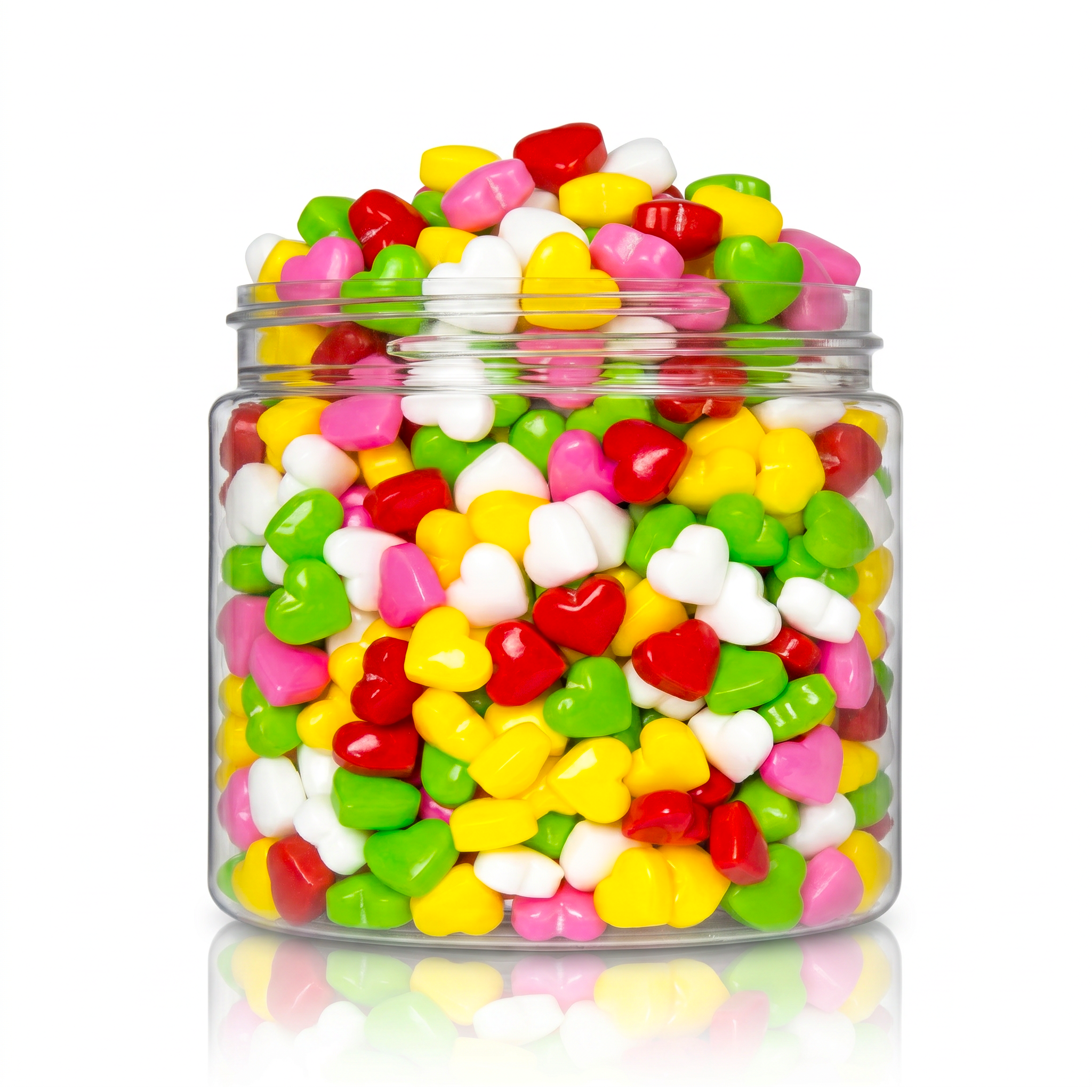 Crunchy Candy Rainbow Hearts package featuring a vibrant multi-coloured assortment of heart shaped compressed sugar sweets and confections from a 100% peanut and tree nut free facility.
