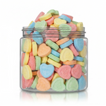 Conversation Hearts candy package featuring a colourful pastel assortment of printed heart shaped compressed sugar sweets and confections from a 100% peanut and tree nut free facility.