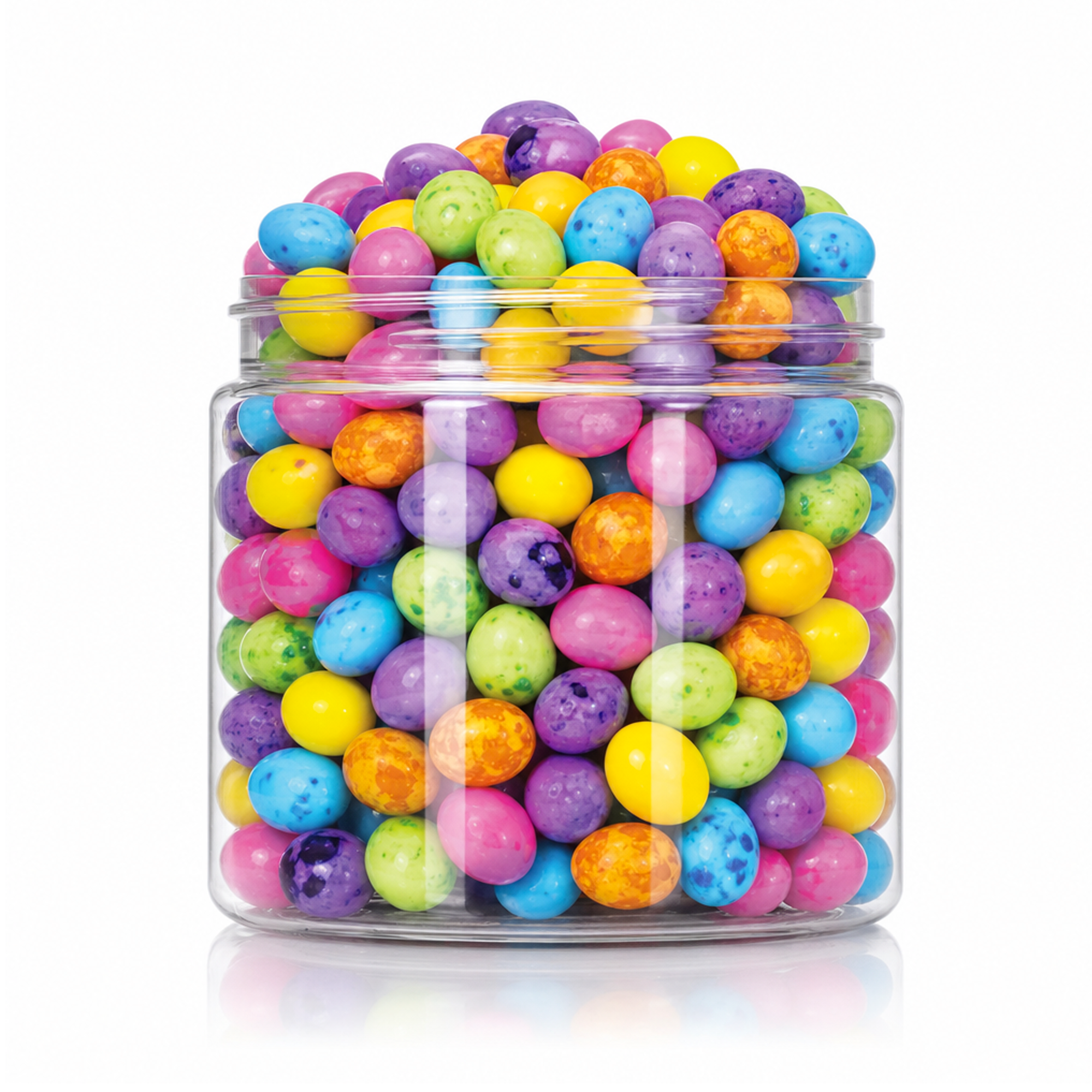 Crunchy Candy Eggs package featuring a colourful spring assortment of egg shaped compressed sugar sweets and confections from a 100% peanut and tree nut free facility.