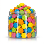 Crunchy Candy Flowers package featuring a vibrant multi-coloured assortment of flower shaped compressed sugar sweets and confections from a 100% peanut and tree nut free facility.
