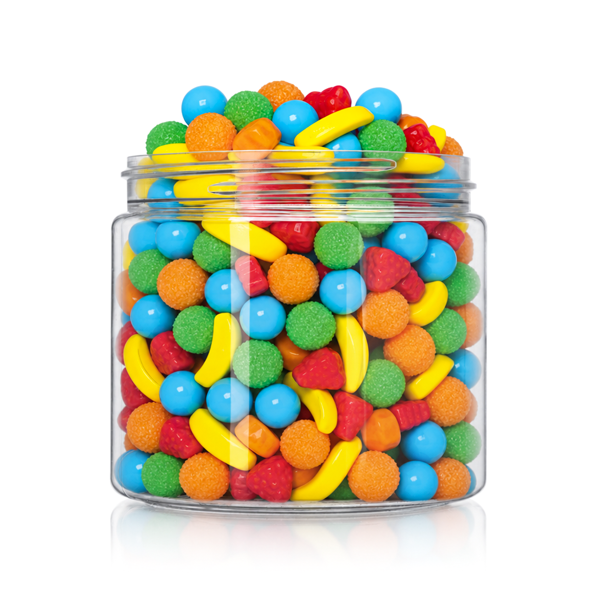 Crunchy Candy Fruit Mix package featuring a vibrant multi-coloured assortment of fruit shaped compressed sugar sweets and confections from a 100% peanut and tree nut free facility.