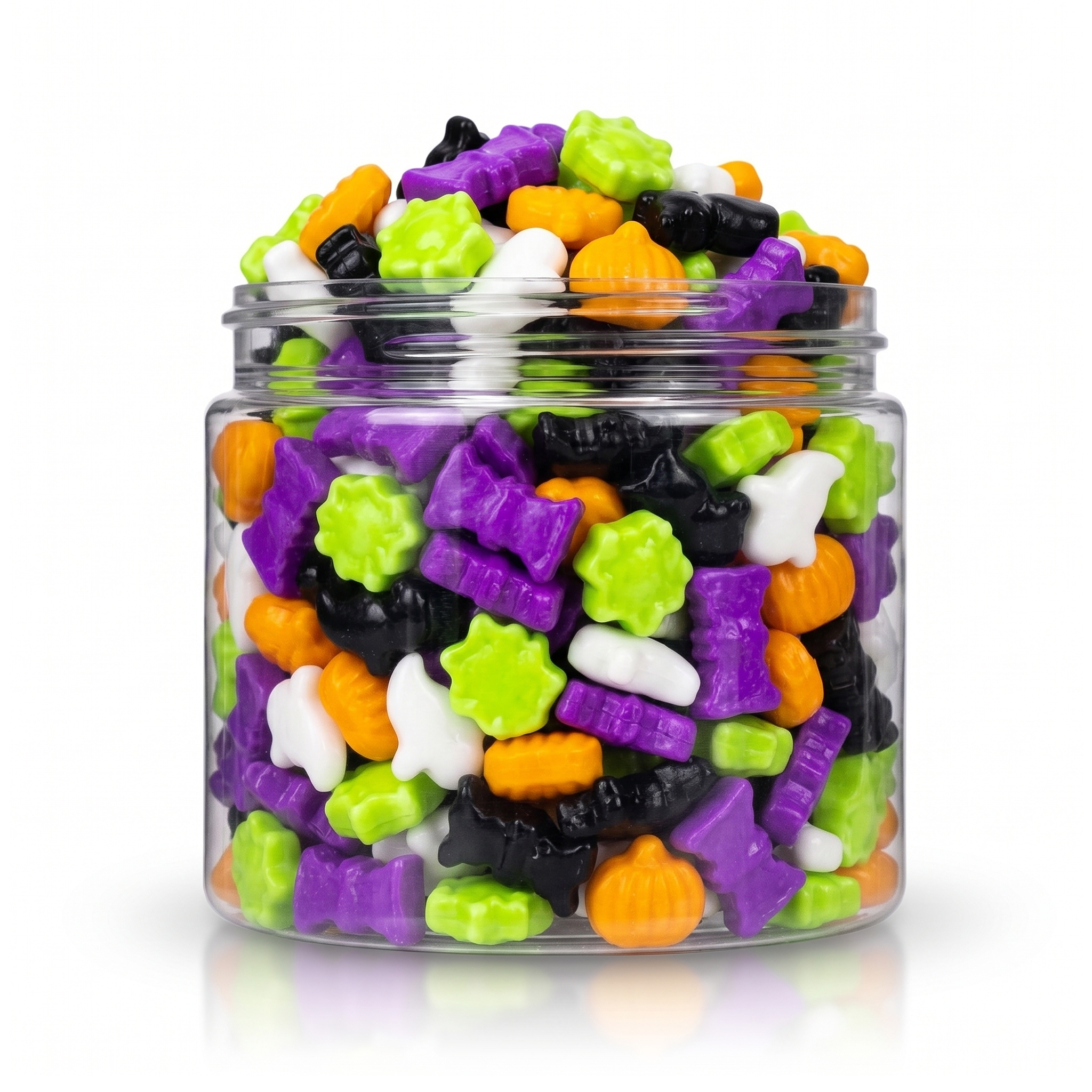 Crunchy Candy Halloween Mix package featuring a spooky assortment of Halloween shaped compressed sugar sweets and confections from a 100% peanut and tree nut free facility.
