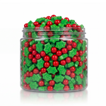 Crunchy Candy Holiday Berries package featuring a festive red and green assortment of berry shaped compressed sugar sweets and confections from a 100% peanut and tree nut free facility.