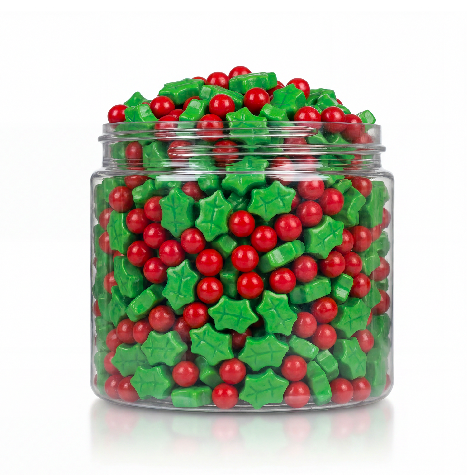 Crunchy Candy Holiday Berries package featuring a festive red and green assortment of berry shaped compressed sugar sweets and confections from a 100% peanut and tree nut free facility.