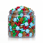 Crunchy Candy Winter Mix package featuring a festive assortment of winter shaped compressed sugar sweets and confections from a 100% peanut and tree nut free facility.