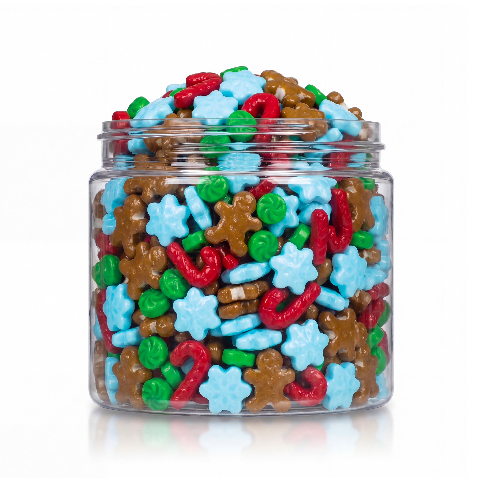 Crunchy Candy Winter Mix package featuring a festive assortment of winter shaped compressed sugar sweets and confections from a 100% peanut and tree nut free facility.