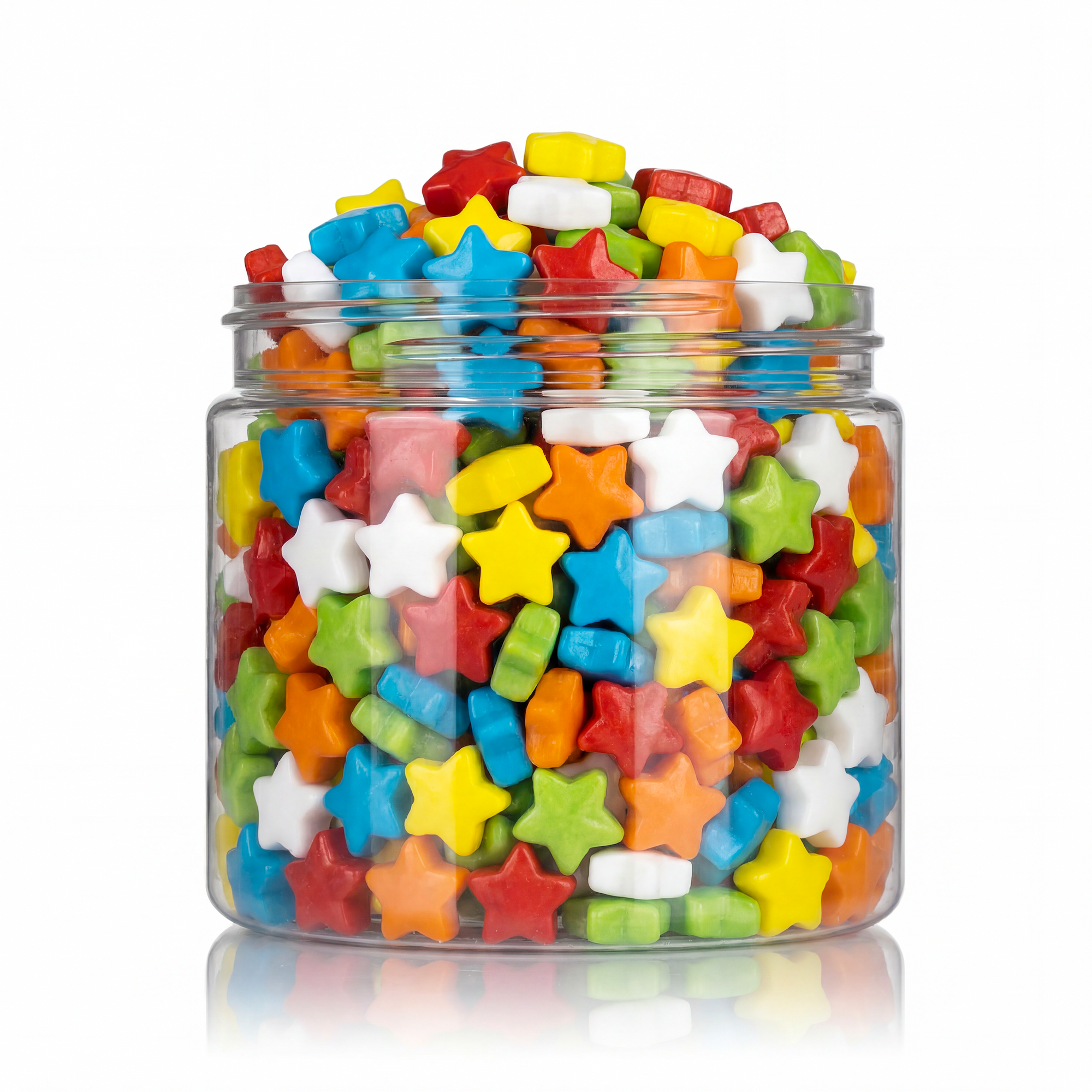 Crunchy Candy Stars package featuring a vibrant multi-coloured assortment of star shaped compressed sugar sweets and confections from a 100% peanut and tree nut free facility.