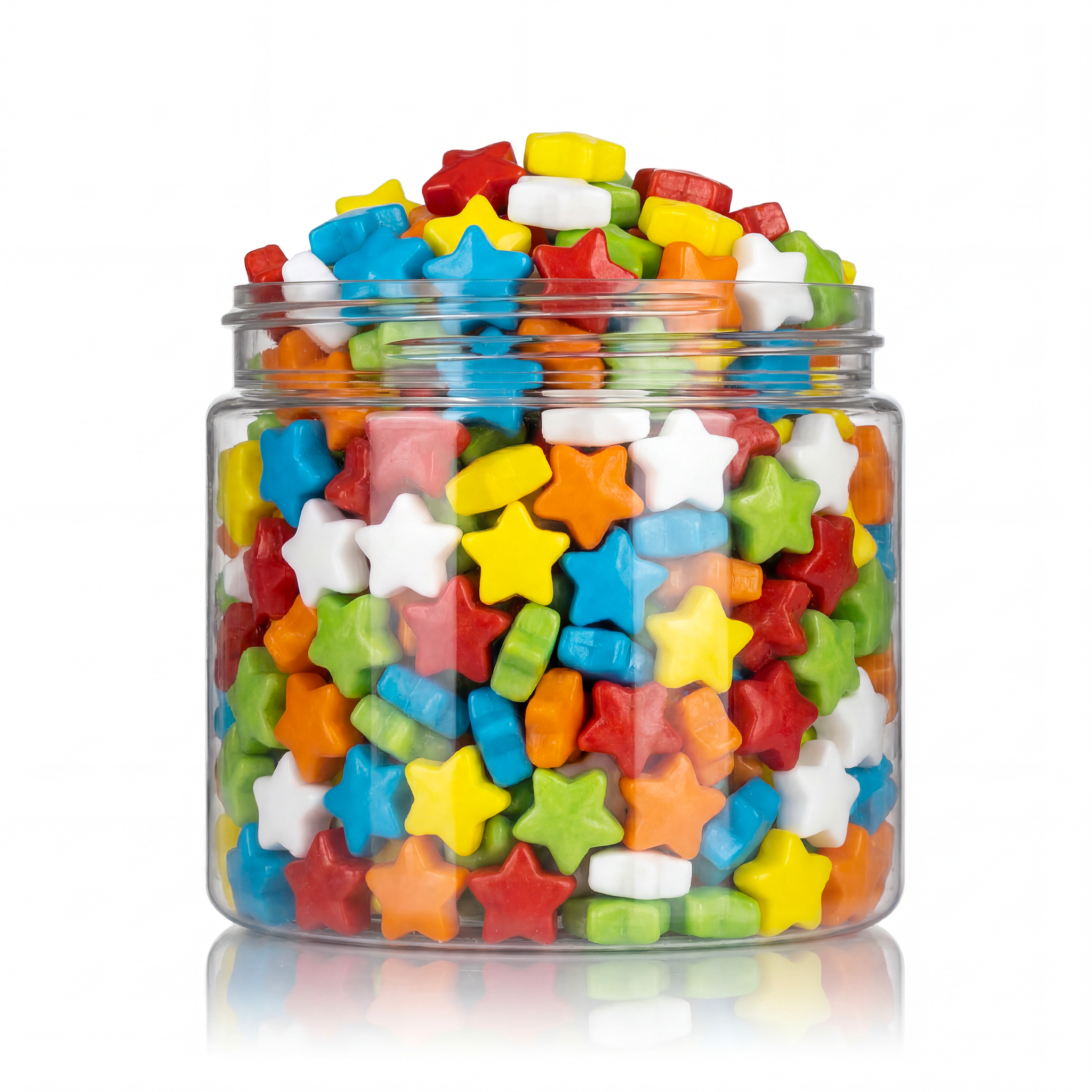 Crunchy Candy Stars package featuring a vibrant multi-coloured assortment of star shaped compressed sugar sweets and confections from a 100% peanut and tree nut free facility.