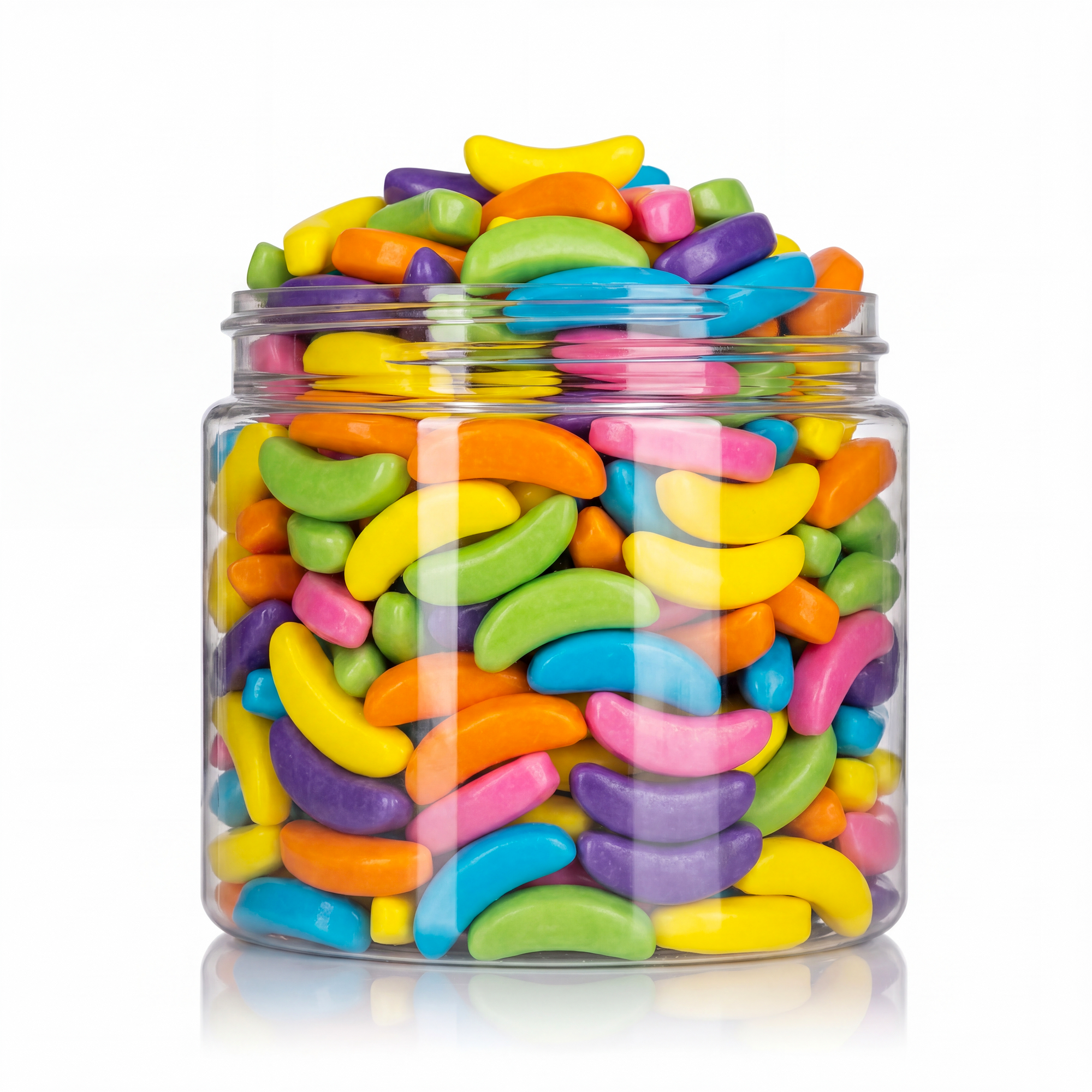 Crunchy Candy Rainbow Bananas package featuring a vibrant multi-coloured assortment of banana shaped compressed sugar sweets and confections from a 100% peanut and tree nut free facility.