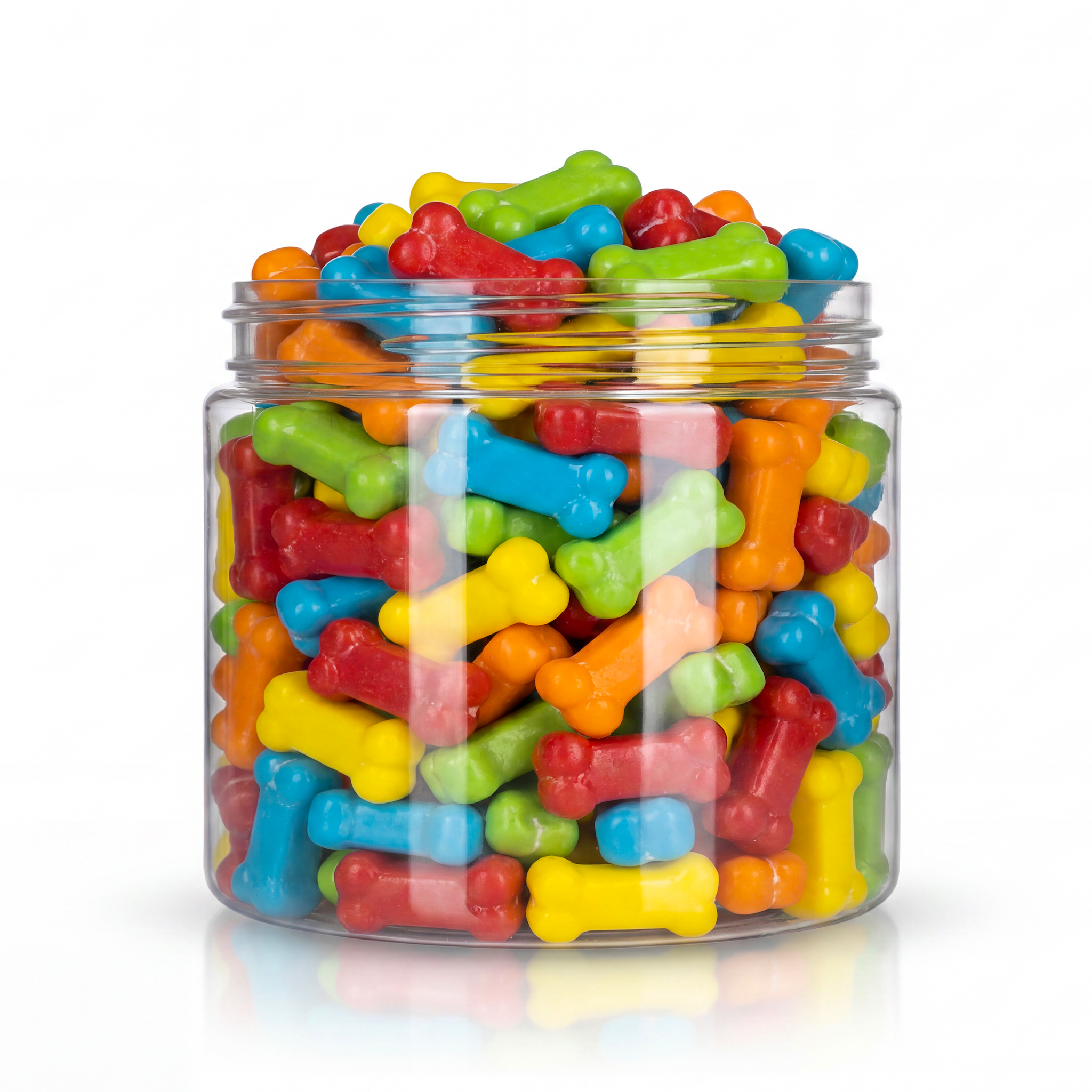Crunchy Candy Bones package featuring a vibrant assortment of spooky bone shaped compressed sugar sweets and confections from a 100% peanut and tree nut free facility.