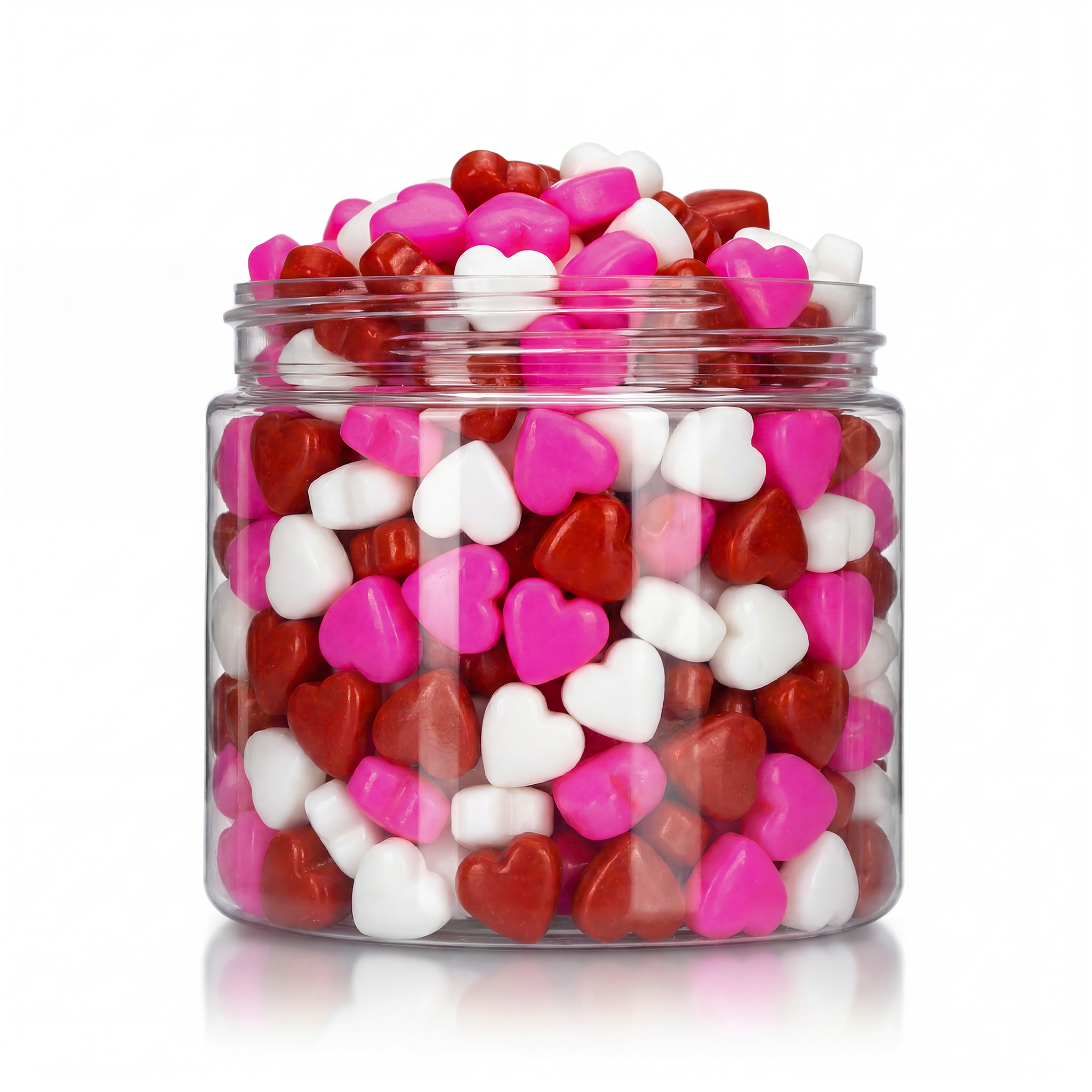 Crunchy Candy Happy Hearts package featuring a vibrant multi-coloured assortment of heart shaped compressed sugar sweets and confections from a 100% peanut and tree nut free facility.