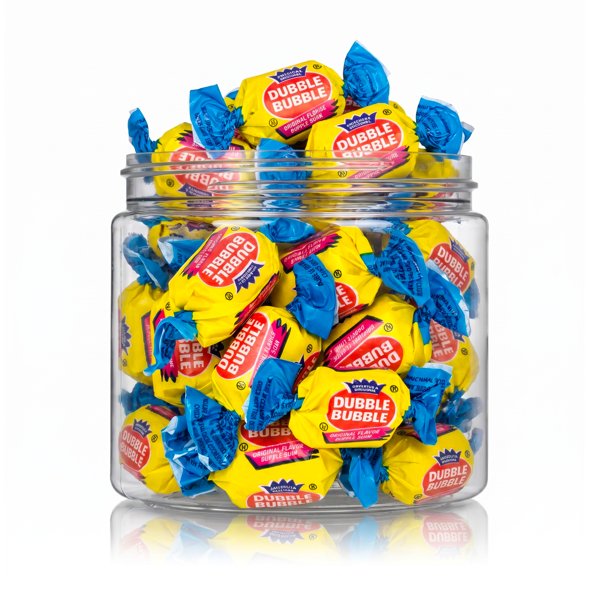 Dubble Bubble candy package featuring iconic wrapped pink bubble gum sweets and confections from a 100% peanut and tree nut free facility.