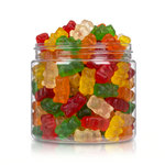 Classic Gummy Bears candy package featuring a vibrant rainbow assortment of bear shaped chewy fruit sweets and confections from a 100% peanut and tree nut free facility.