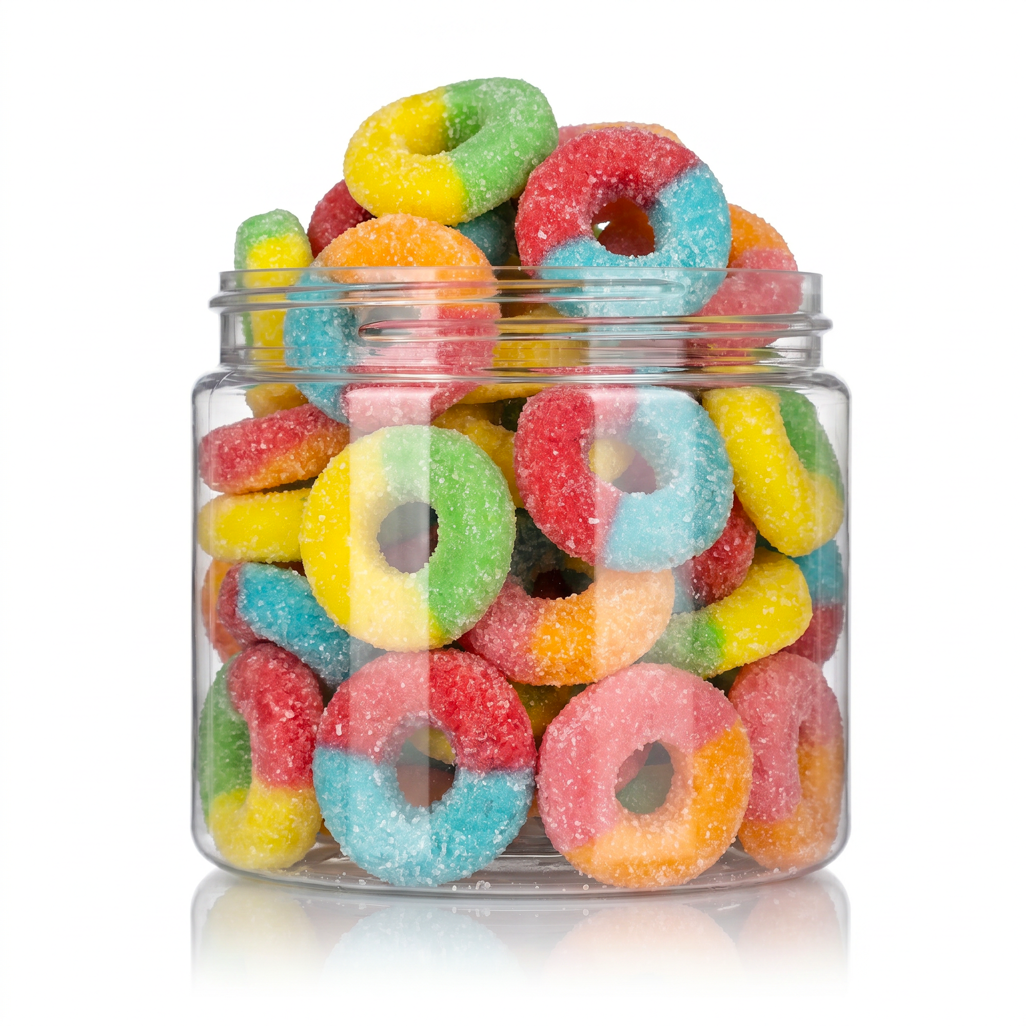 Rainbow Rings candy package featuring a vibrant multi-coloured assortment of sugar sanded ring shaped chewy fruit sweets and confections from a 100% peanut and tree nut free facility.