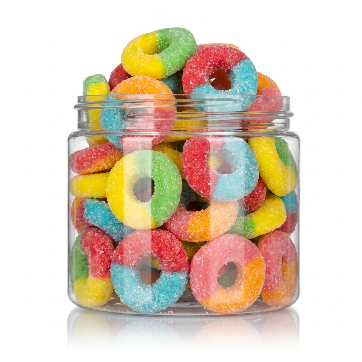 Rainbow Rings candy package featuring a vibrant multi-coloured assortment of sugar sanded ring shaped chewy fruit sweets and confections from a 100% peanut and tree nut free facility.