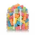 Sugared Pastel Bears candy package featuring a pretty pastel assortment of sugar sanded bear shaped chewy fruit sweets and confections from a 100% peanut and tree nut free facility.