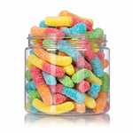 Sour Neon Gummy Worms candy package featuring a vibrant dual-coloured assortment of sour sugar sanded worm shaped chewy sweets and confections from a 100% peanut and tree nut free facility.