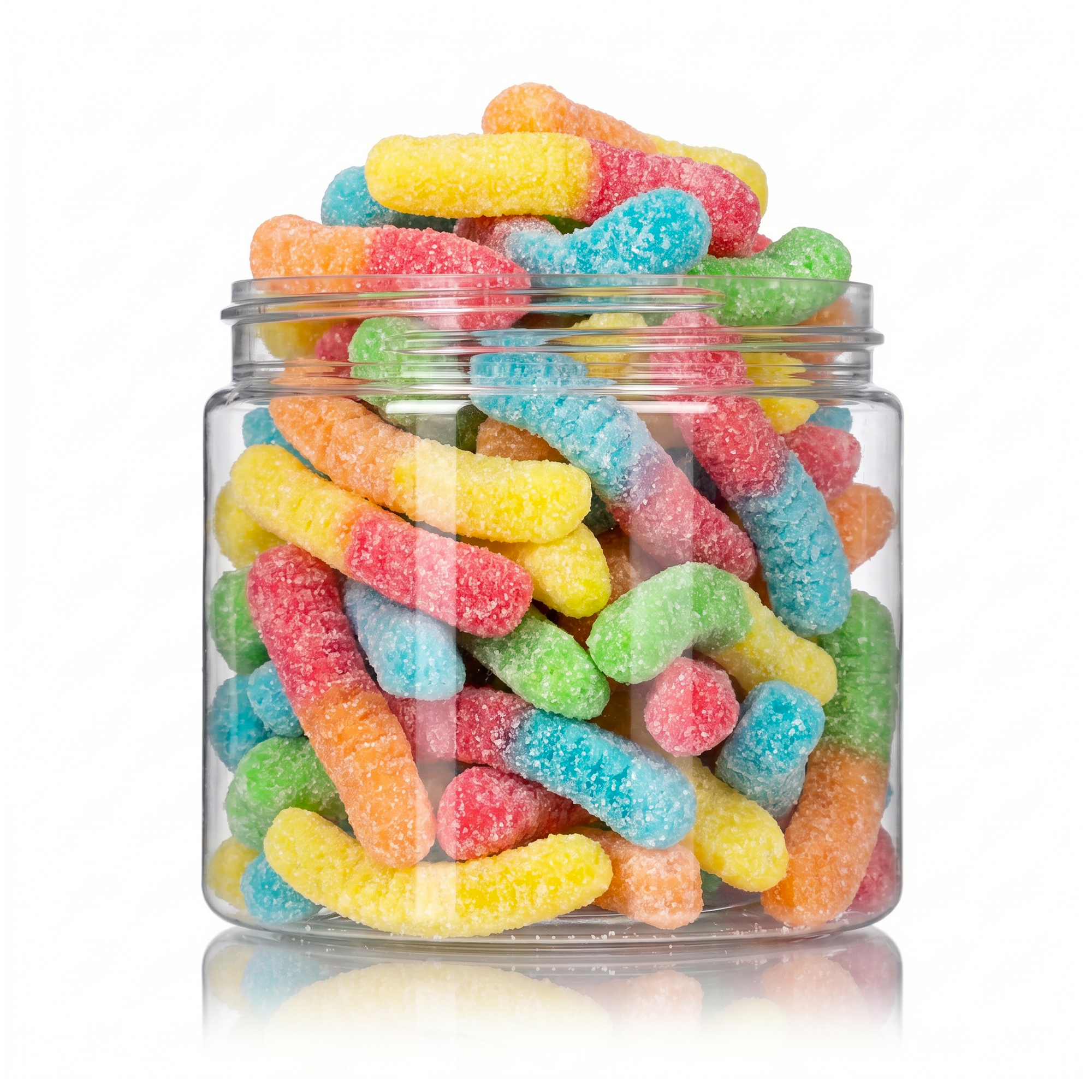 Sour Neon Gummy Worms candy package featuring a vibrant dual-coloured assortment of sour sugar sanded worm shaped chewy sweets and confections from a 100% peanut and tree nut free facility.
