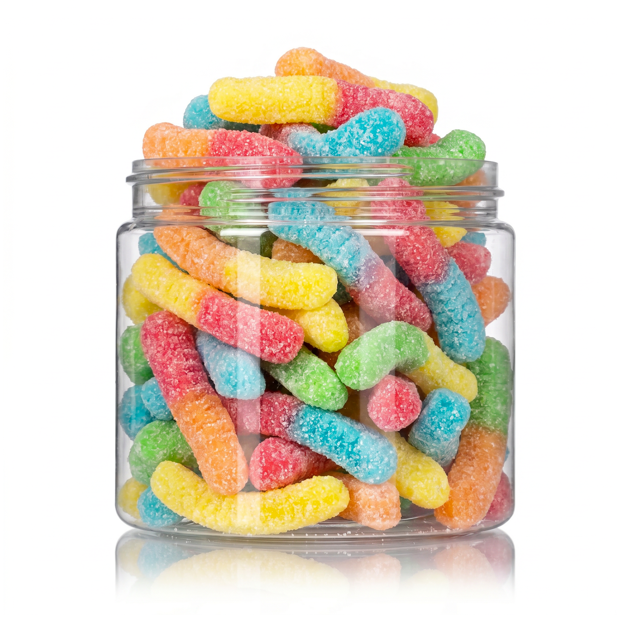Sour Neon Gummy Worms candy package featuring a vibrant dual-coloured assortment of sour sugar sanded worm shaped chewy sweets and confections from a 100% peanut and tree nut free facility.