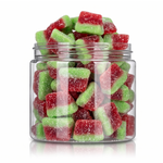 Watermelon Slices candy package featuring a vibrant green and pink assortment of sugar sanded fruit slice sweets and confections from a 100% peanut and tree nut free facility.