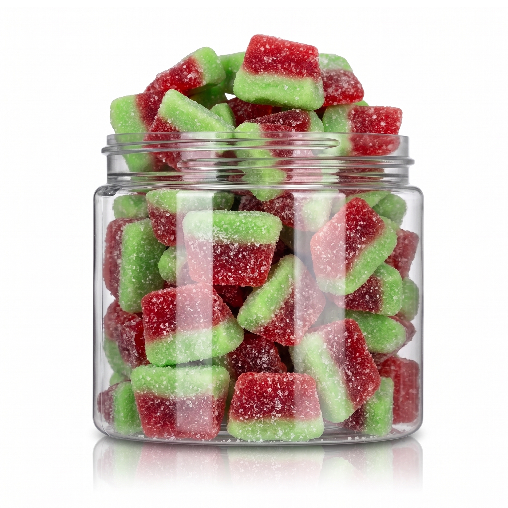 Watermelon Slices candy package featuring a vibrant green and pink assortment of sugar sanded fruit slice sweets and confections from a 100% peanut and tree nut free facility.