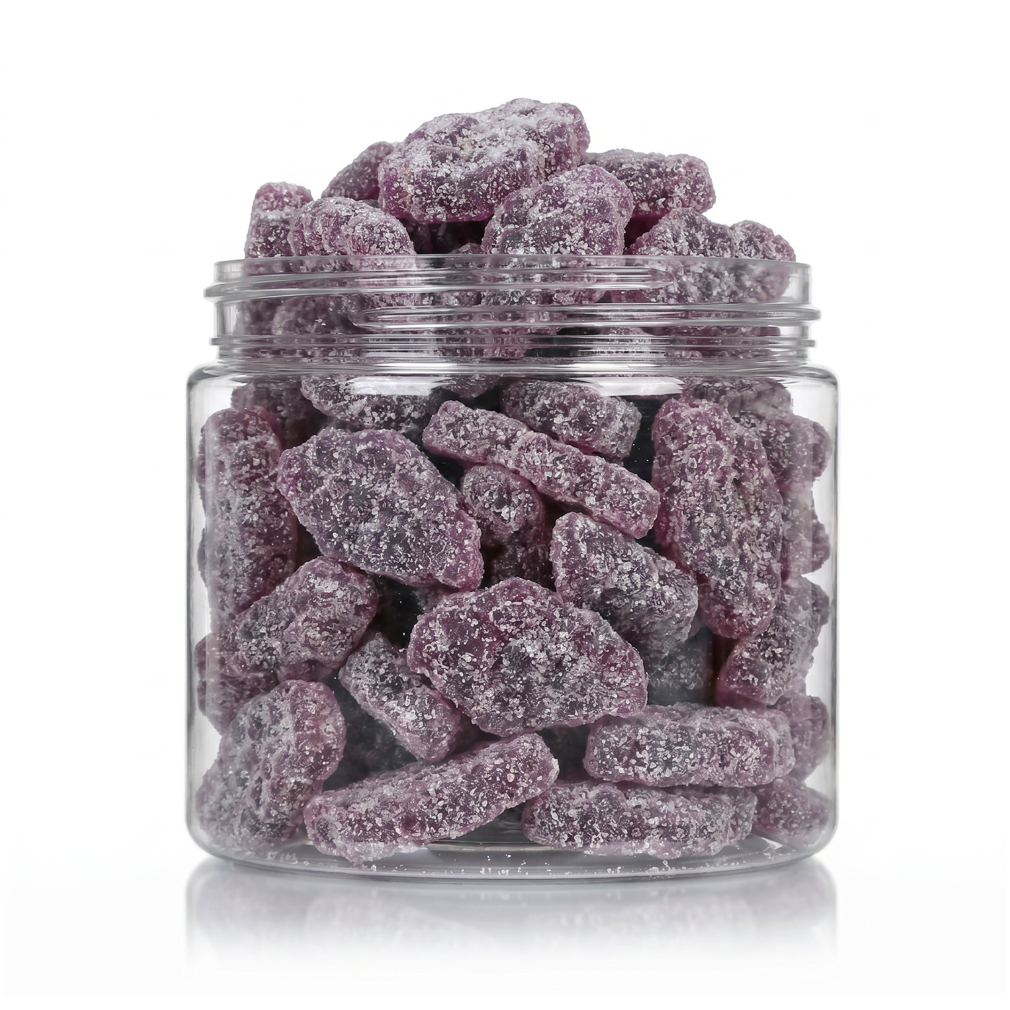 Sugared Grape Slices candy package featuring a vibrant purple assortment of sugar sanded fruit slice sweets and confections from a 100% peanut and tree nut free facility.